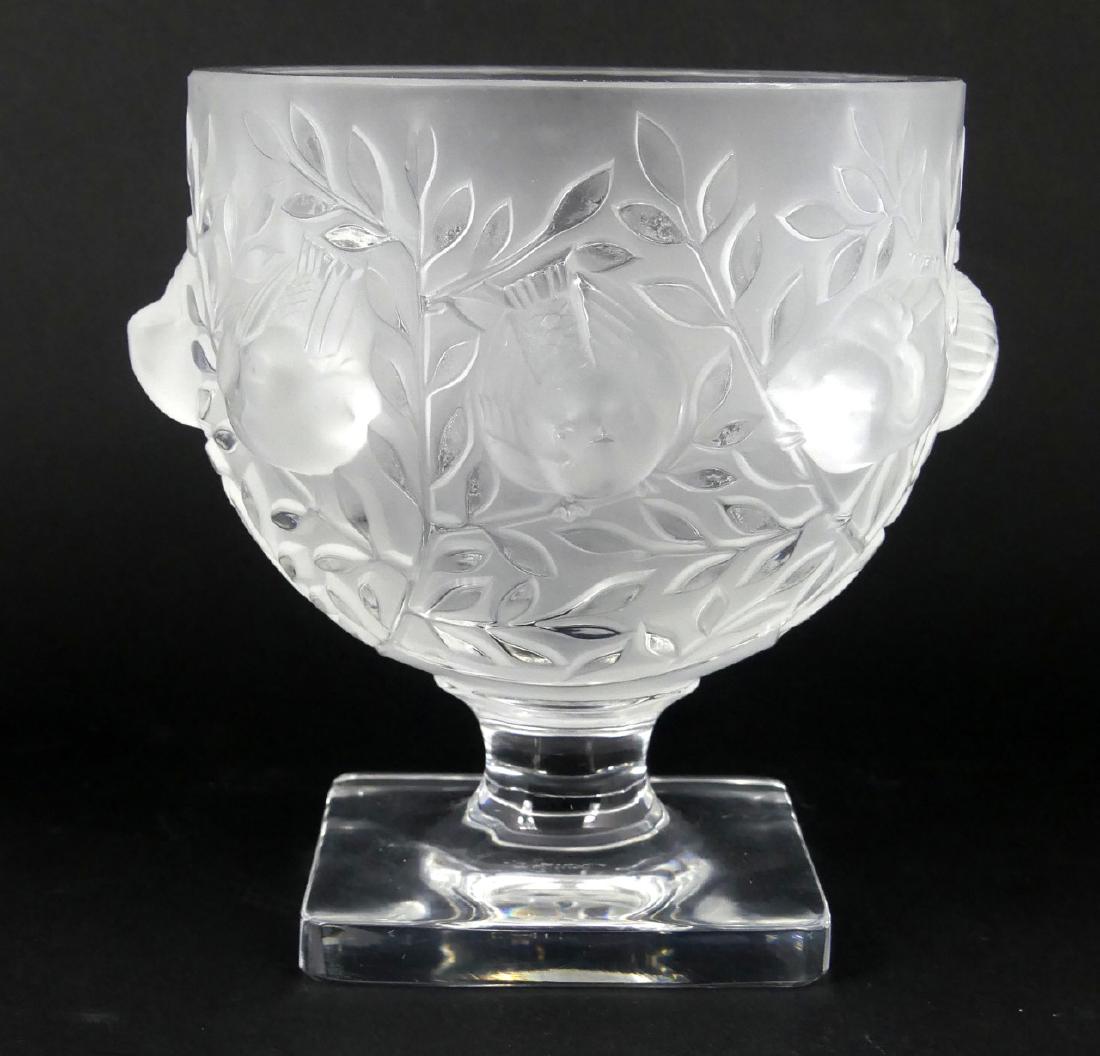 LALIQUE 'ELISABETH' FROSTED CRYSTAL BIRD VASE: Lalique crystal footed bowl or vase decorated with frosted sparrows and foliage. Marked to underside and holds original label near rim. Measures 5 3/8" (13.7cm) height.