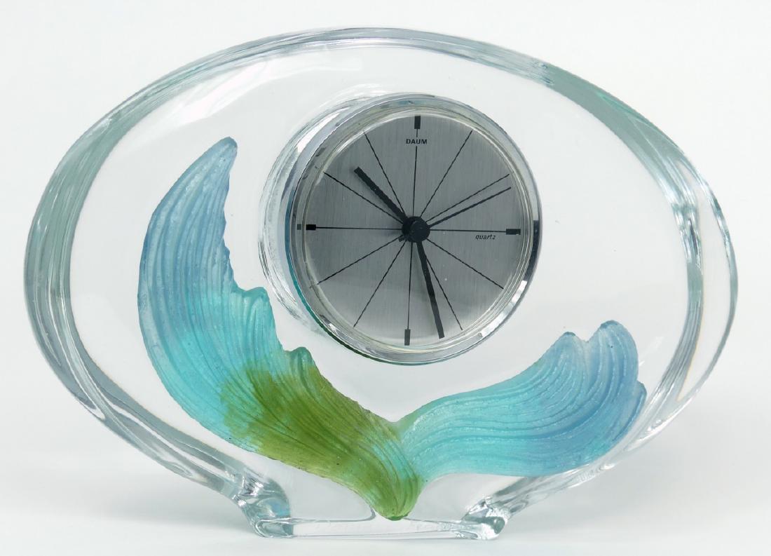 DAUM PATE DE VERRE & CRYSTAL CLOCK: Daum France Pate de Verre and crystal table clock. Quartz movement. Signed Daum France along front lower edge. Measures 8" (20.3cm) width.