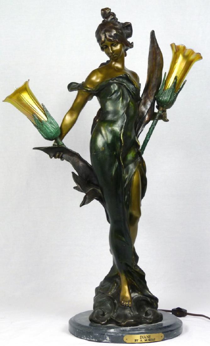 AUGUSTE MOREAU 'DIANE' BRONZE SCULPTURE LAMP: Bronze sculpture of Diana after Auguste Moreau. Mounted as a lamp. Measures 26" (66cm) + 1 1/4" (3cm) marble base.