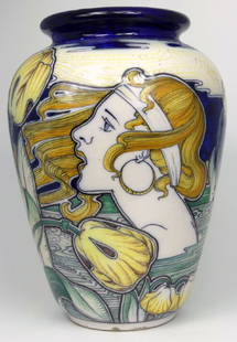 ART NOUVEAU CERAMIC VASE: Glazed ceramic vase with Art Nouveau decoration. Marked to underside and numbered 185/b. Handwritten label to underside stated Belgian, circa 1890. Measures 10 1/2" (26.5cm) height.