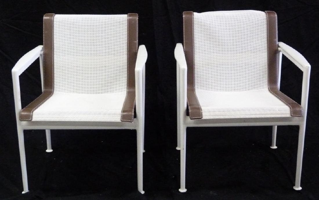 4pc RICHARD SCHULTZ FOR KNOLL DINING ARM CHAIRS: 4 Richard Schultz dining arm chairs by Knoll. Each having white mesh and brown vinyl trim on a cast aluminum frame. Three chairs holding original label. Each measures 30" (76cm) height x 24" (61cm) de