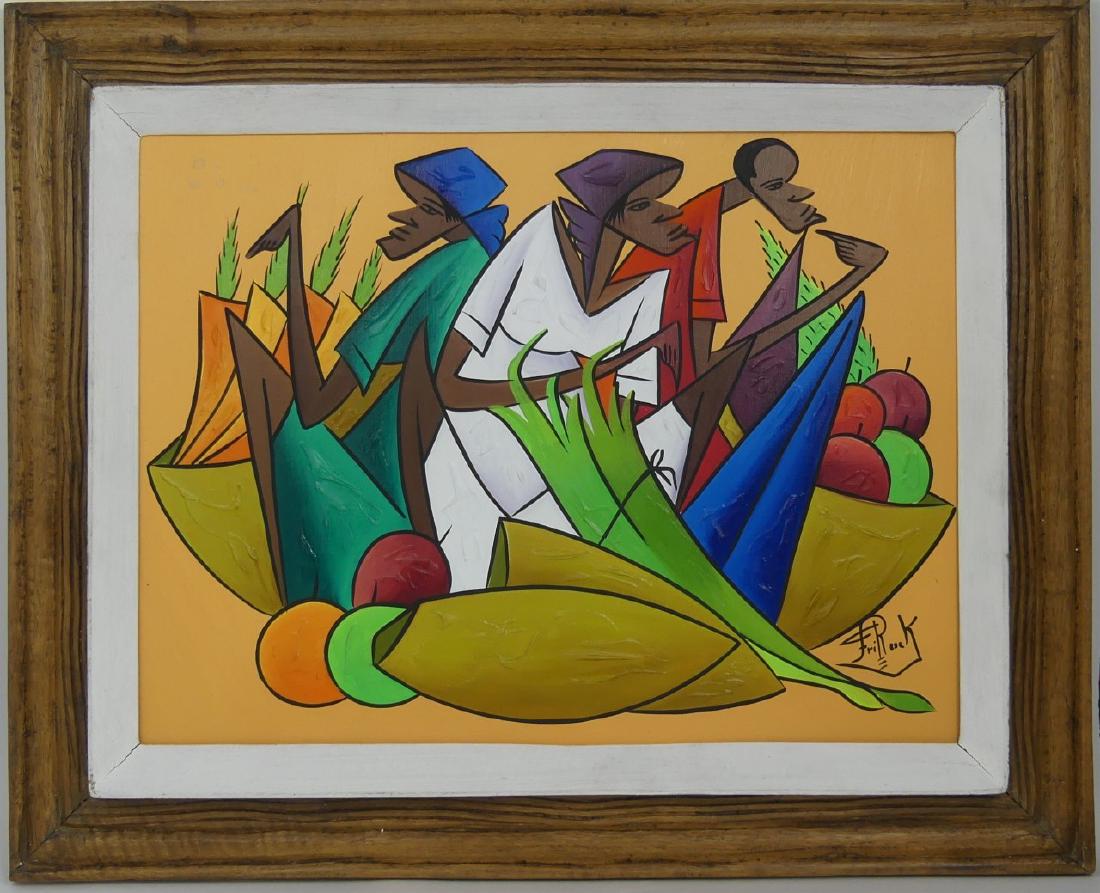 HAITIAN SCHOOL ACRYLIC PAINTING ON CANVAS SIGNED: Haitian school acrylic painting on canvas depicting fruit sellers. Signed lower right. Measures 15 1/8" (38.5cm) x 11 1/14" (28.5cm) + 2 1/2" (6.3cm) frame.