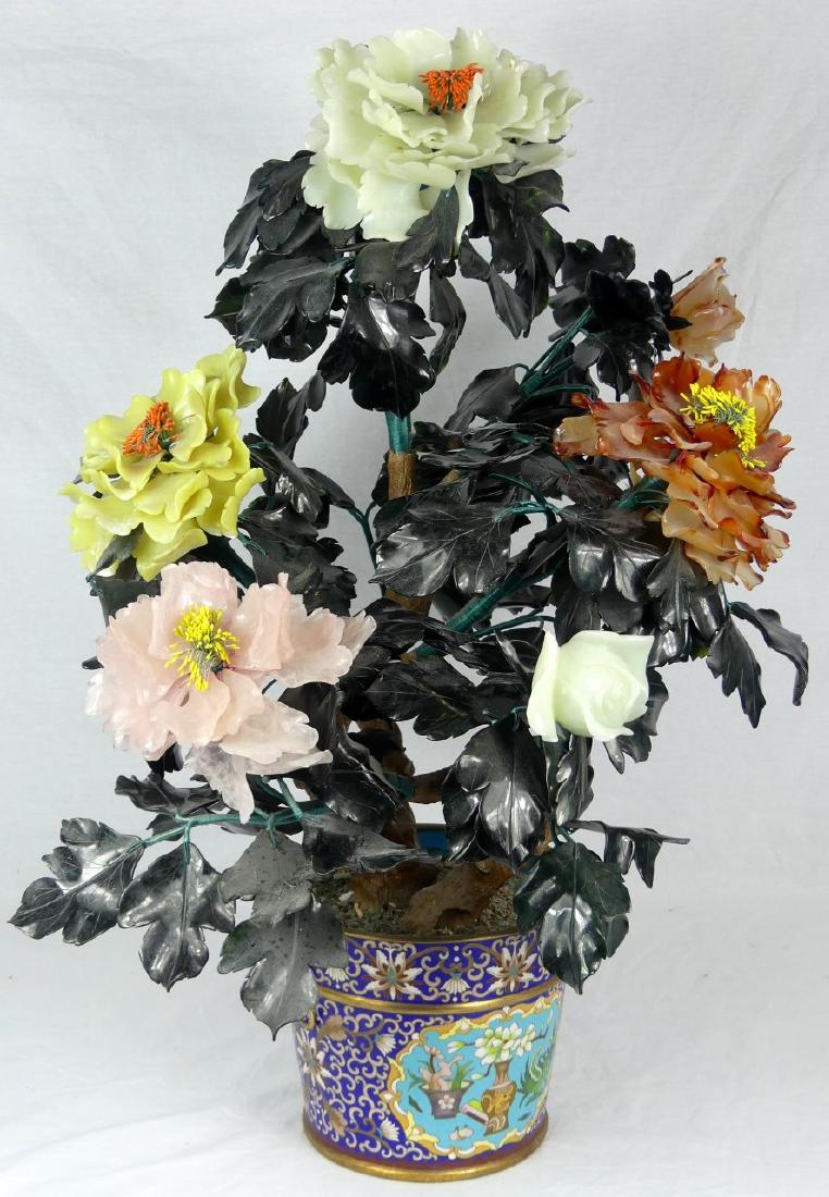 CHINESE FLORAL JADE TREE IN CLOISONNE PLANTER: Vintage Chinese export jade tree in cloisonne enamel flower pot. Spinach jade leaves with rose quartz, jade, agate and soapstone blossoms. Measures 28" (71cm) overall height.