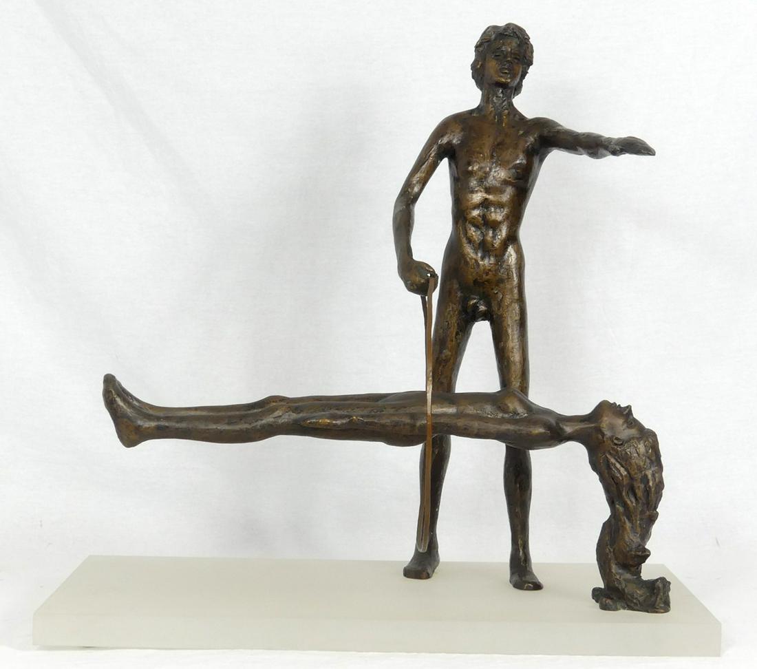 VICTOR SALMONES 'LEVITACION' BRONZE SCULPTURE: Victor Salmones (Mexican, 1937-1989) bronze sculpture depicting a woman floating with male figure holding a hoop behind her. Signed to male's right foot and numbered 6/10. Mounted on a frosted acrylic
