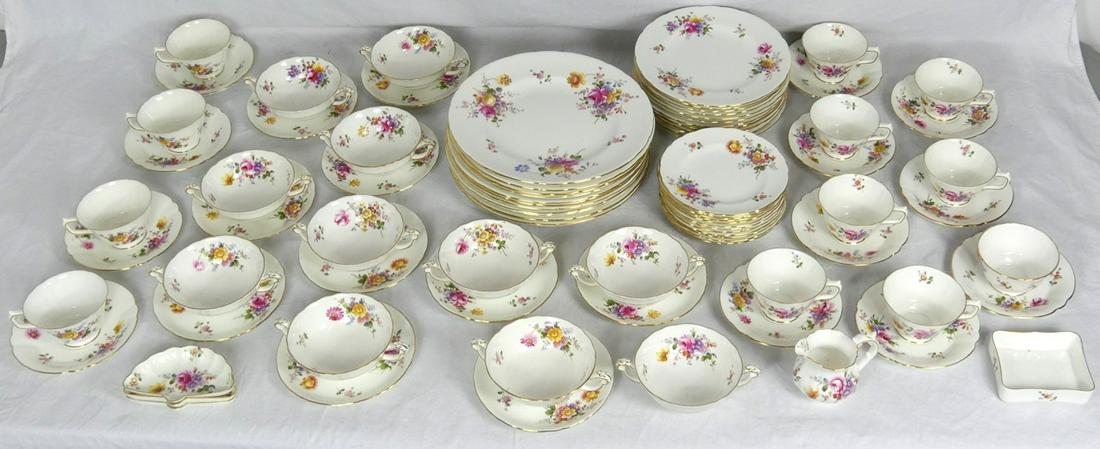 83pc ROYAL CROWN DERBY 'DERBY POSIES' CHINA SET: 83 pieces of Royal Crown Derby porcelain dinnerware in the 'Derby Posies' pattern. Each piece marked to underside. Includes 11 dinner plates-10 1/2", 12 salad plates-8 1/2", 12 bread and butter plates