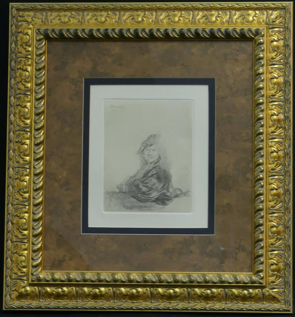 REMBRANDT 'SELF PORTRAIT' ETCHING: Rembrandt etching, a restrike of Rembrandt's 1639 self portrait. Signed and dated in the plate upper left. Blindstamp lower left. Viewable size measures 10 1/4" (26cm) x 8 1/2" (21.5cm) + 6" (15cm) ma