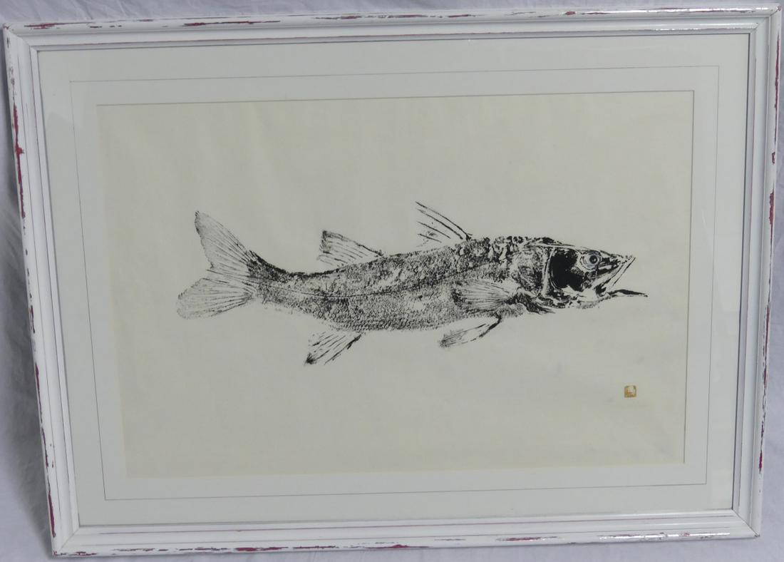 JAPANESE GYOTAKU 'SNOOK' FISH RUBBING SIGNED: Japanese Gyotaku fish rubbing print depicting a snook. Signed Robert Boshank (?) and holds chop lower right. Measures 30" (76.2cm) x 20" (50.8cm) + 4 1/4" (10.8cm) mat & frame.