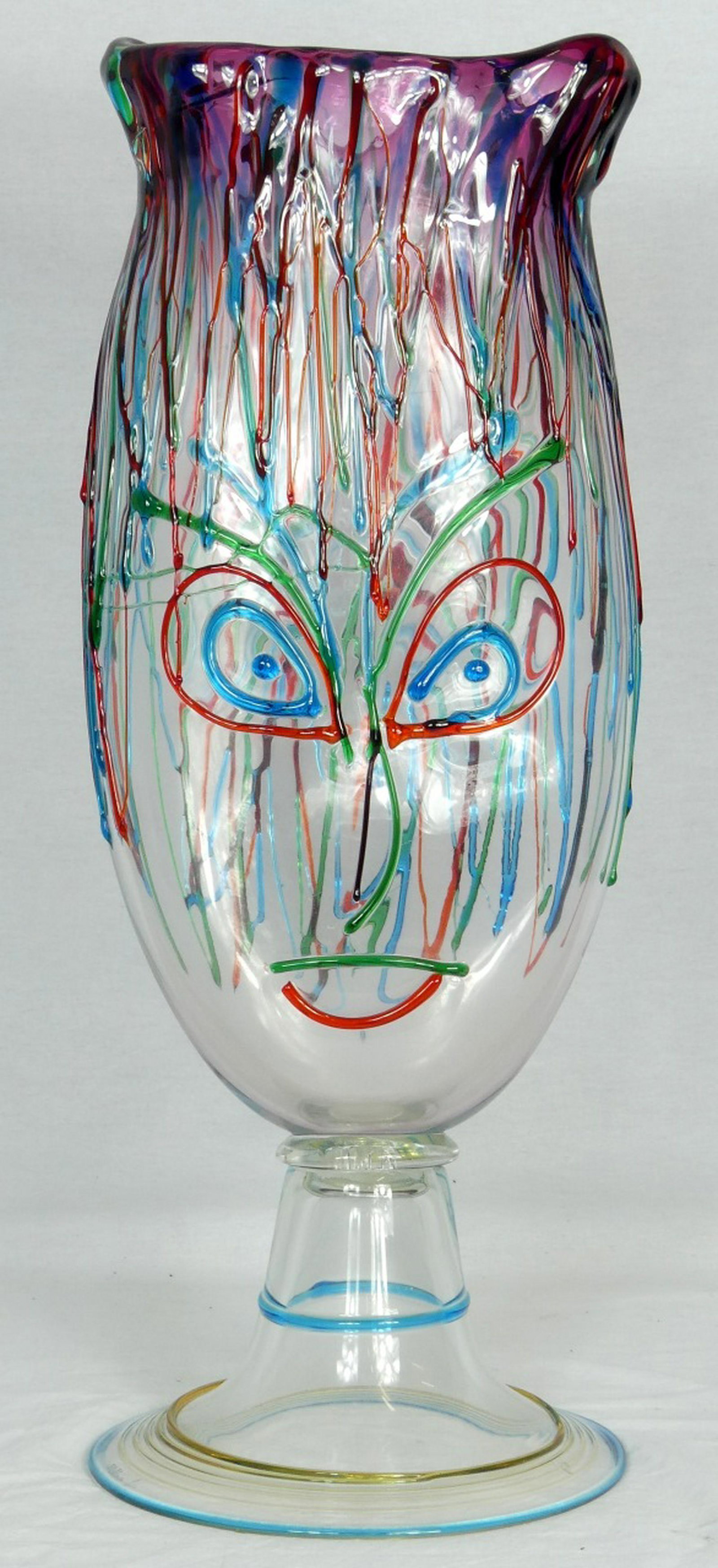 LUIGI MELLARA MONUMENTAL MURANO GLASS PICASSO VASE: Luigi Mellara Murano glass depicting a Picasso style face. Signed to base. Measures 23 1/2" (60cm) height.