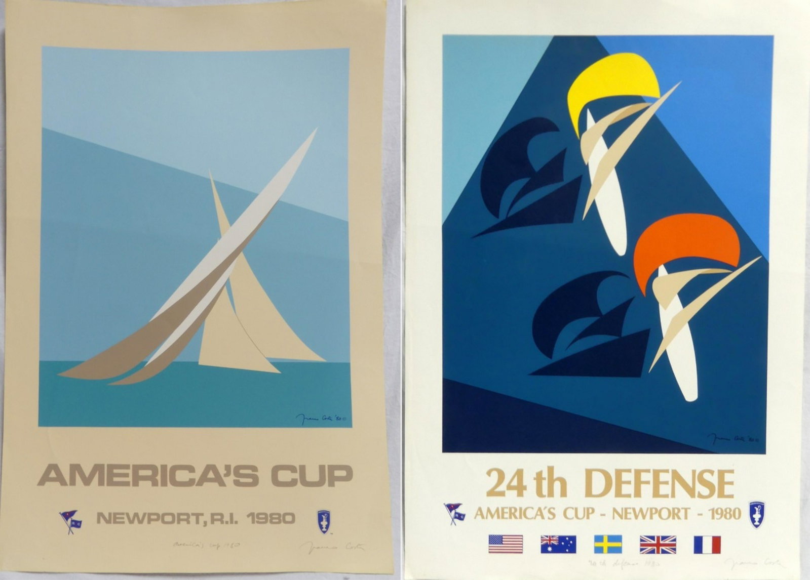 2pc FRANCO COSTA AMERICA'S CUP 1980 SERIGRAPHS: 2 Franco Costa America's Cup 1980 serigraphs. Each pencil signed lower right and titled lower center. Each measures 32" (81.2cm) x 22" (56cm).