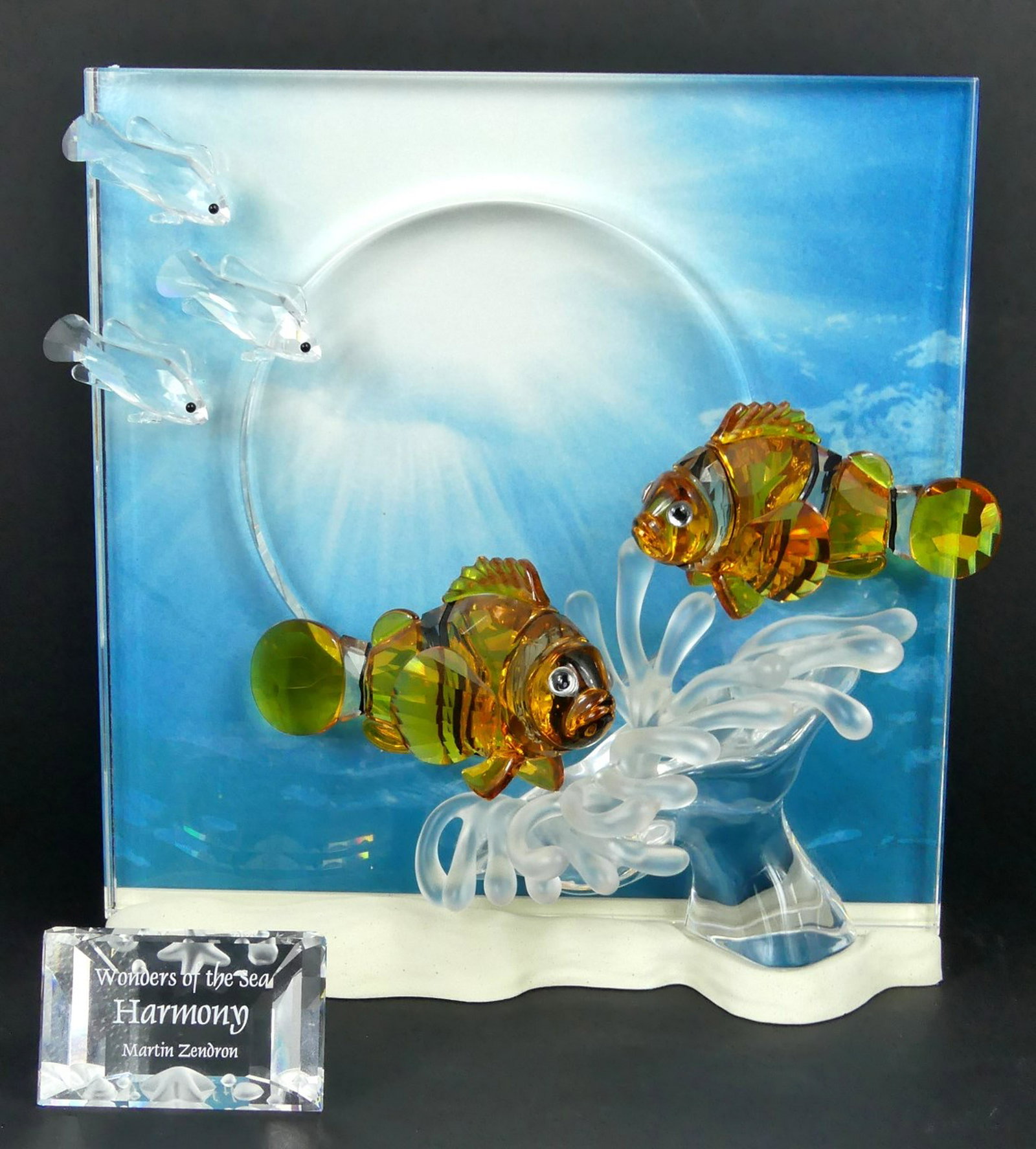 SWAROVSKI 'HARMONY' WONDERS / SEA w PLAQUE & BOX: Swarovski 'Harmony' Collector's Society 2006 crystal figurine from the Wonders of the Sea series. Figure measures 8 1/4" (21cm) width. Includes original box and crystal plaque. Also includes base and 