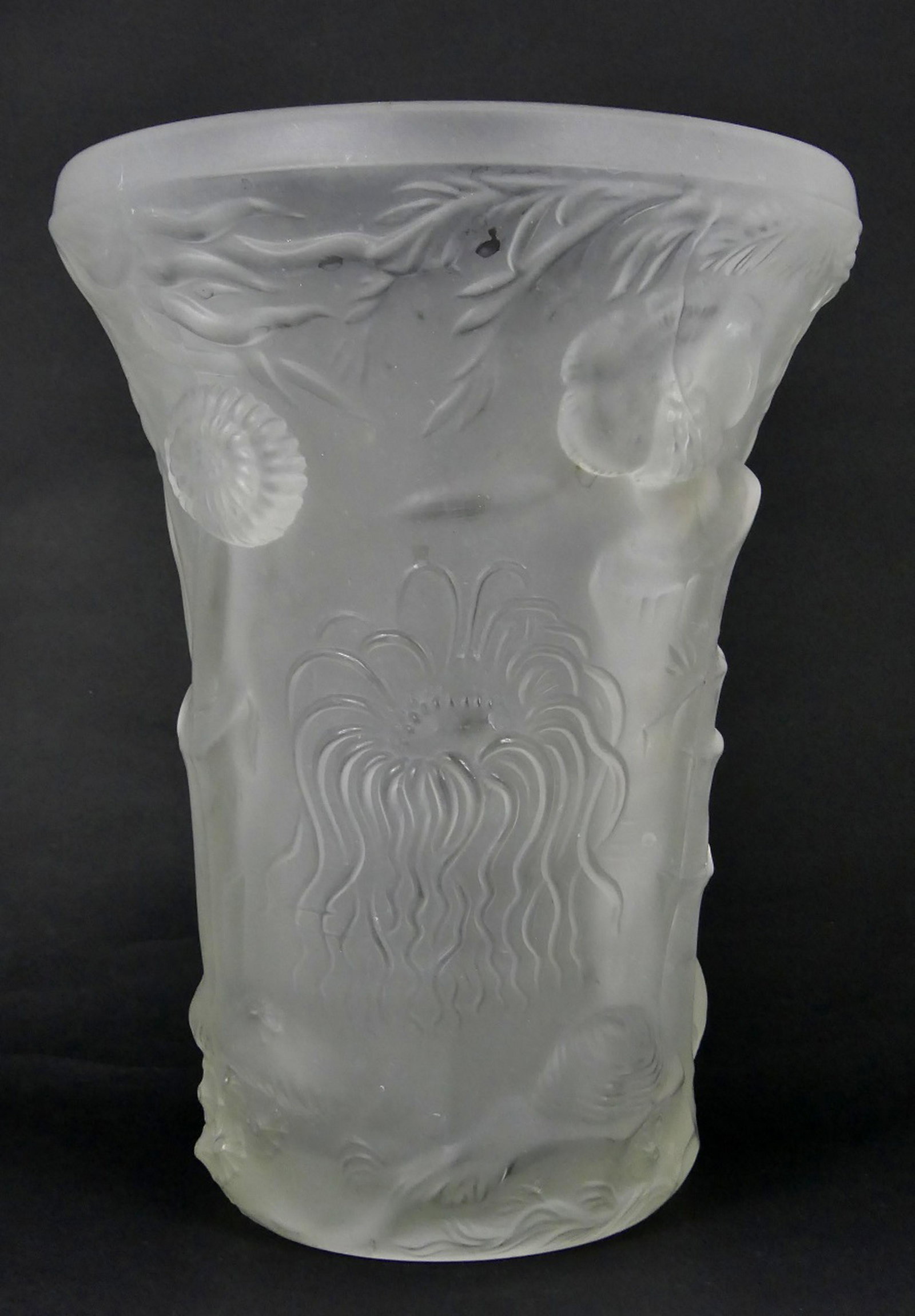 CZECH LALIQUE STYLE FROSTED GLASS 'SEA' VASE: Czech frosted glass vase depicting underwater sea life. Signed R Lalique to underside. Measures 10 1/2" (26.5cm) height x 8 1/8" (20.5cm) diameter.