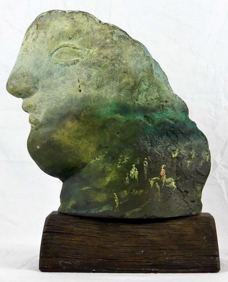 REGINALD POLLACK 'CLASSIC HEAD' BRONZE SCULPTURE: Reginald Pollack (American, 1924-2001) polychrome bronze sculpture. Titled 'Classic Head'. Painted with horses and riders. Hand painted profile outline to verso. Signed to base of bronze. Signed, titl