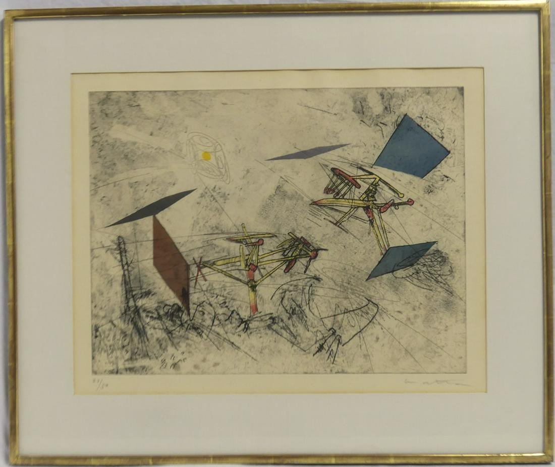 ROBERTO MATTA ETCHING WITH AQUATINT: Roberto Matta (Chilean, 1911-2002) etching with aquatint. Pencil signed lower right and numbered 27/50 lower left. Measures 21 3/8" x 16 3/4" + 3 1/4" mat & frame.