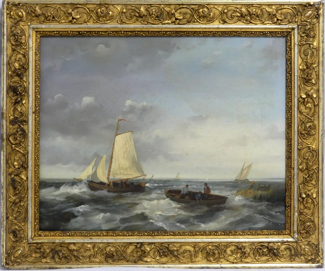 DUTCH SCHOOL OPDENHOFF OIL PAINTING ON PANEL: Dutch school oil painting on wood board depicting fishing boats at sea. Signed lower right G.W. (George Willem) Opdenhoff. Measures 24 1/2" (62.2cm) x 19 1/4" (48.8cm) + 3 3/4" (9.5cm) frame.