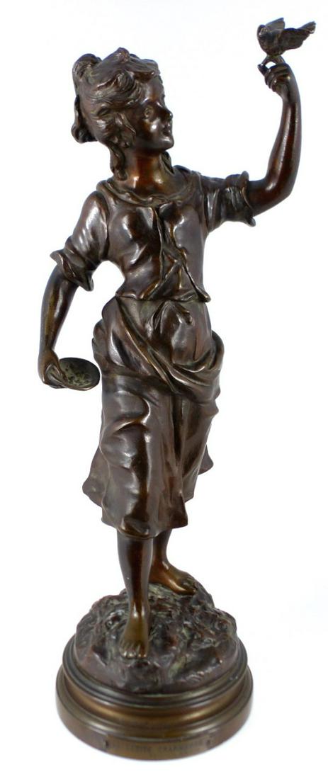 CHARLES ANFRIE 'PETITE CHARMEUSE' BRONZE SCULPTURE: Charles Anfrie (French, 1833-1905) bronze sculpture depicting a girl with bird and bowl of crumbs. Signed to bronze base. Titled 'La Petite Charmeuse' to plaque on base. Measures 16" (40.5cm) height.