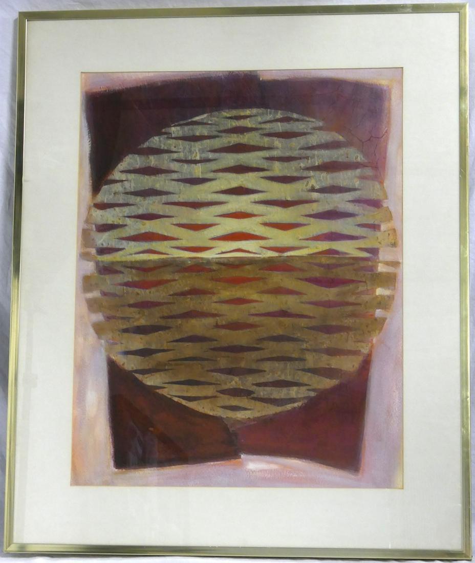 MODERN ABSTRACT 'ORB' MIXED MEDIA PAINTING SIGNED: Mid-century modern abstract mixed media painting with collage elements depicting an orb. Signed lower left Romoset or Romoser. Measures 28" (71cm) x 21 3/4" (55.2cm) + 4 1/4" (10.8cm) mat & frame.