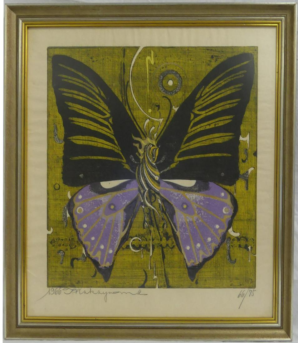 TADASHI NAKAYAMA 'BUTTERFLY' WOODBLOCK PRINT: Tadashi Nakayama (Japanese, b.1927) color woodblock print depicting a butterfly. Pencil signed and dated 1966 lower left. Numbered 66/75 lower right. Measures 21 1/2" x 20" + 1 1/2" frame.