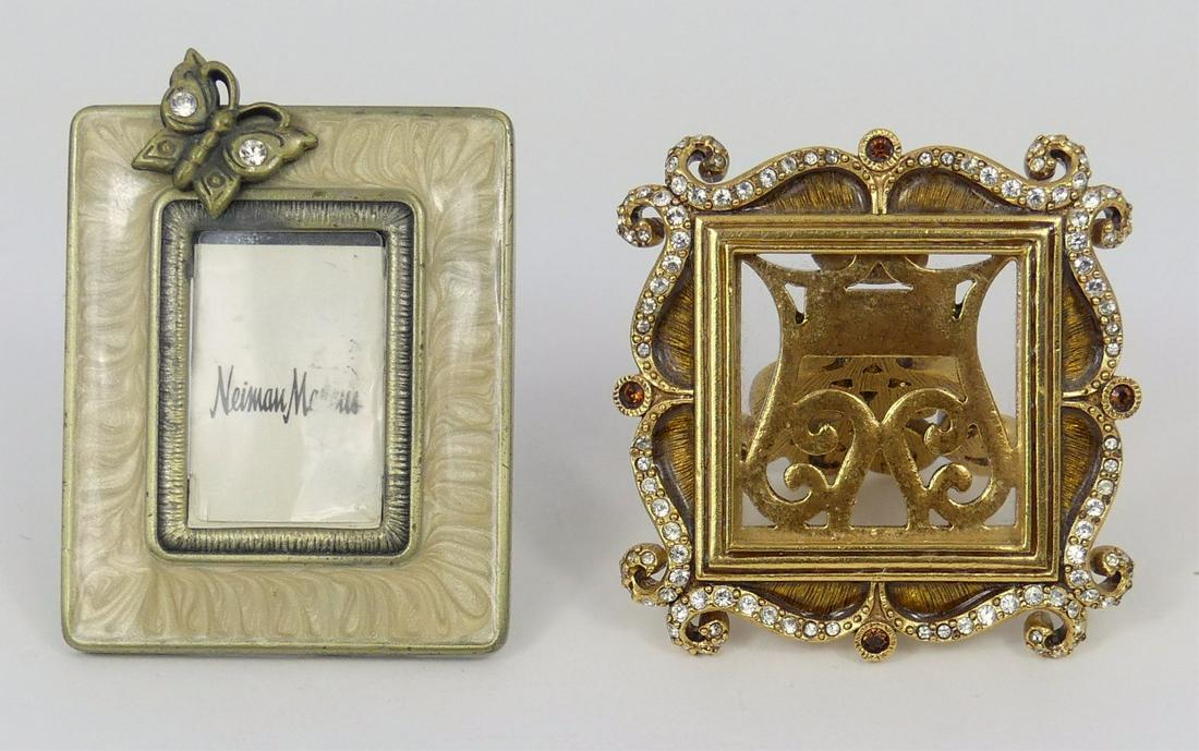 2pc JAY STRONGWATER ENAMELED & JEWELED FRAMES: 2 Jay Strongwater enameled and jeweled picture frames. Each marked to verso, Largest measures 2 1/4" height.