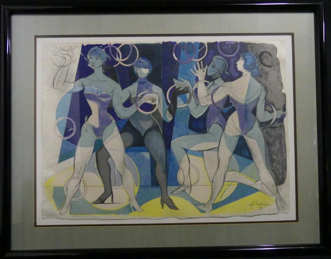 CAMILLE HILAIRE 'THE JUGGLERS' LITHOGRAPH: Camille Hilaire (French, 1916-2004) lithograph depicting circus performers with rings. Pencil signed and numbered 19/80 lower right. Measures 29" (73.5cm) x 21" (53.3cm) + 4 3/4" (12cm) mat & frame.