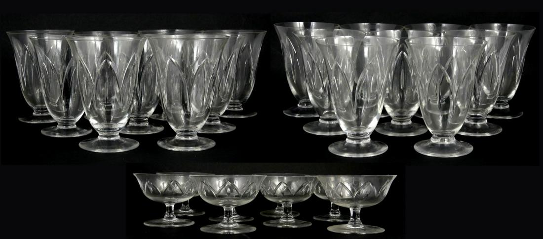 26pc DAUM NANCY CUT CRYSTAL STEMWARE: 26 pieces of Daum Nancy French cut crystal stemware. Includes 9 water goblets-4 3/4", 9 wine glasses-4" and 8 sherbets-2 3/4". Each marked Daum Nancy France with Cross of Lorraine to underside.