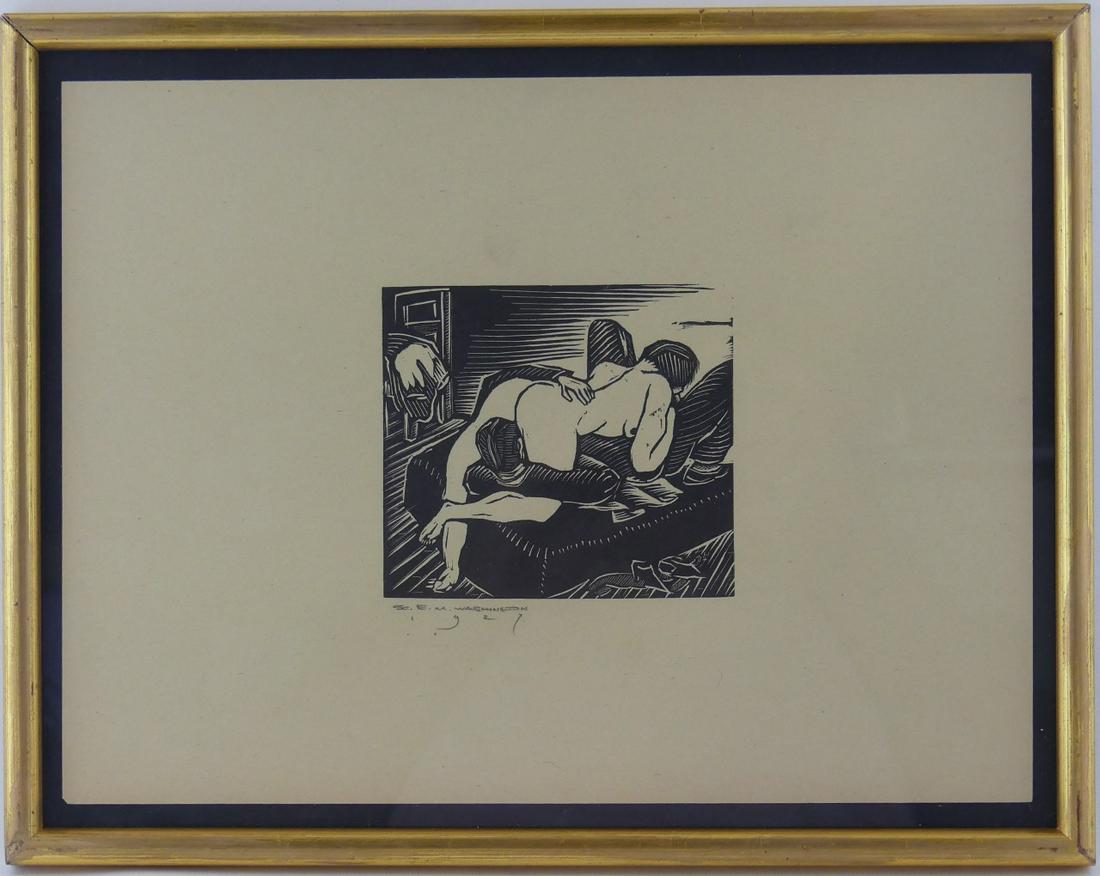 E.M. WASHINGTON EROTIC WOODCUT PRINT: Earl M. Washington (American, 1862-1952) wood cut on paper depicting a male and female giving and receiving oral sex at the same time. Pencil signed and dated 1927 lower left. Sheet measures 12" x 9" 