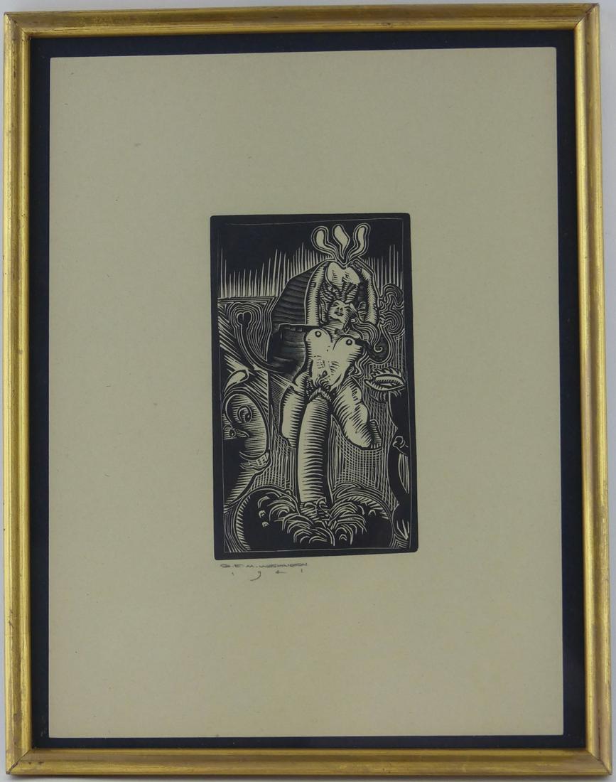 E.M. WASHINGTON EROTIC WOODCUT PRINT: Earl M. Washington (American, 1862-1952) wood cut on paper depicting a penetrated wood female. Pencil signed and dated 1941 lower left. Sheet measures 12" x 9" + 3/4" mat & frame.