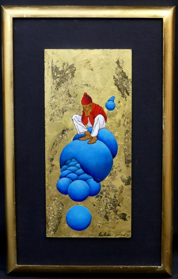 LEVITT OIL PAINTING & GOLD LEAF ON BOARD: Lea Levitt (Israeli/American, 20th C) oil painting and gold leaf on board depicting a seated figure in meditation. Signed lower right in English and Hebrew. Measures 16" x 7 3/8" + 3 1/2" mat & frame.