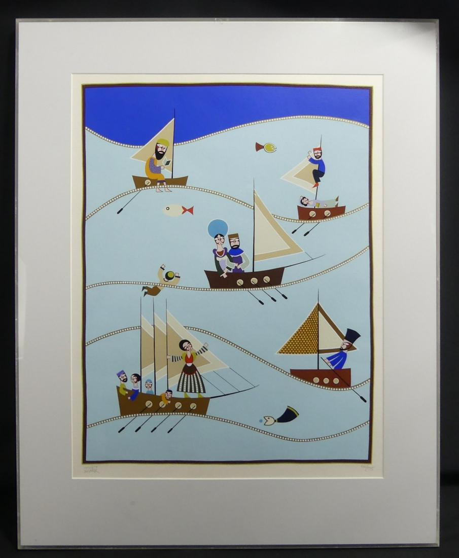 DAVID SHARIR 'ROYAL SAILING' SERIGRAPH: David Sharir (Israeli, b. 1938) serigraph titled 'Royal Sailing'. Pencil signed lower left and numbered 190/195. Measures 25 3/4" x 19 1/2" + 3 1/2 mat & frame.