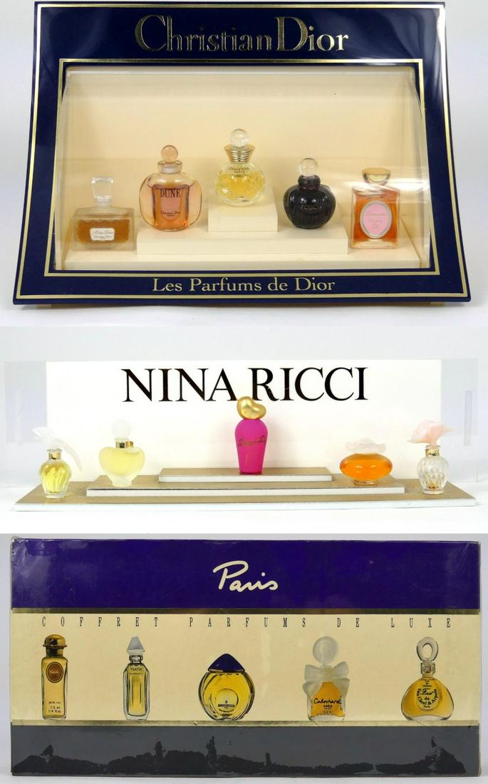 3pc MINIATURE PERFUME GIFT SETS: 3 miniature perfume gift sets including Nina Ricci, Christian Dior and Paris which includes Hermes, Givenchy, Boucheron, Cabochard and Van Cleef & Arpels. Largest measures 13 1/2" width.