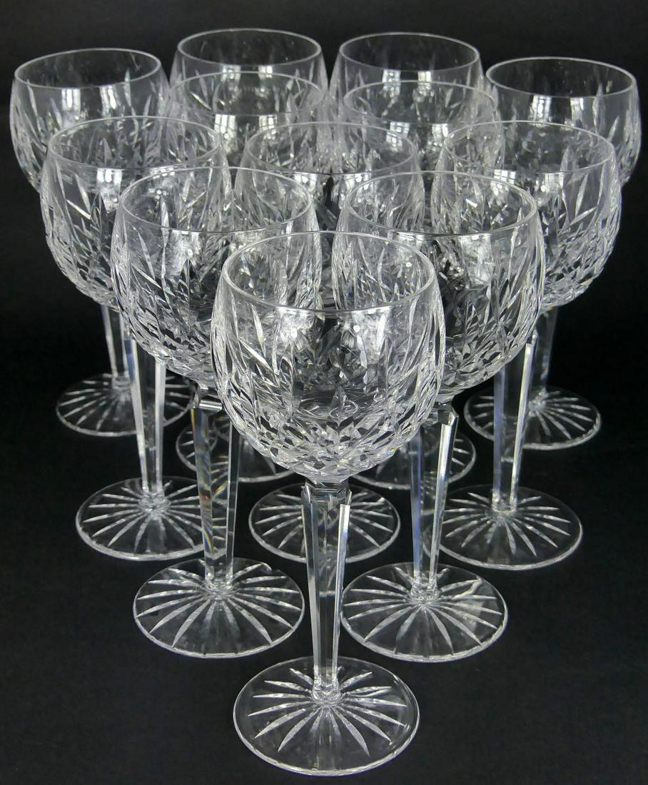 12pc WATERFORD CRYSTAL LISMORE HOCK WINE GLASSES: 12 Waterford cut crystal hock wine glasses in the Lismore pattern. Each marked to underside and measures 7 3/8" height. keyword: stemware, goblet, reisling