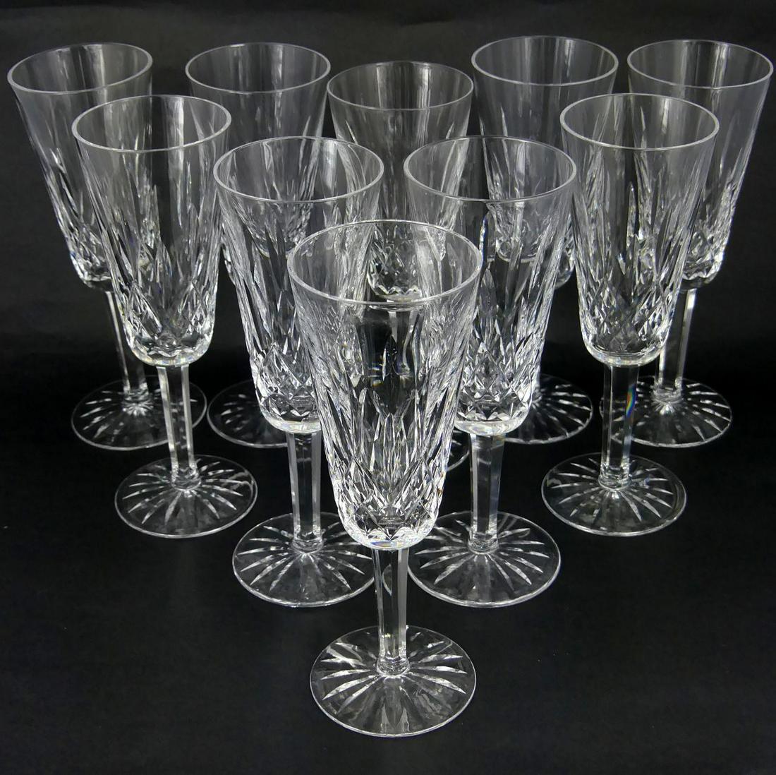 10pc WATERFORD CRYSTAL LISMORE FLUTED CHAMPAGNE: 12 Waterford cut crystal fluted champagne glasses in the Lismore pattern. Each marked to underside and measures 7 1/4" height. keyword: stemware, goblet, wine