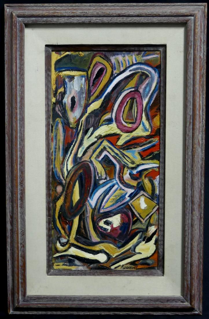 GEORGES ROUAULT OIL PAINTING ON BOARD: Oil painting on board in the manner of Georges Rouault (French, 1871-1958). Signed lower right. Measures 19 1/2" x 9 3/4" + 4" frame.