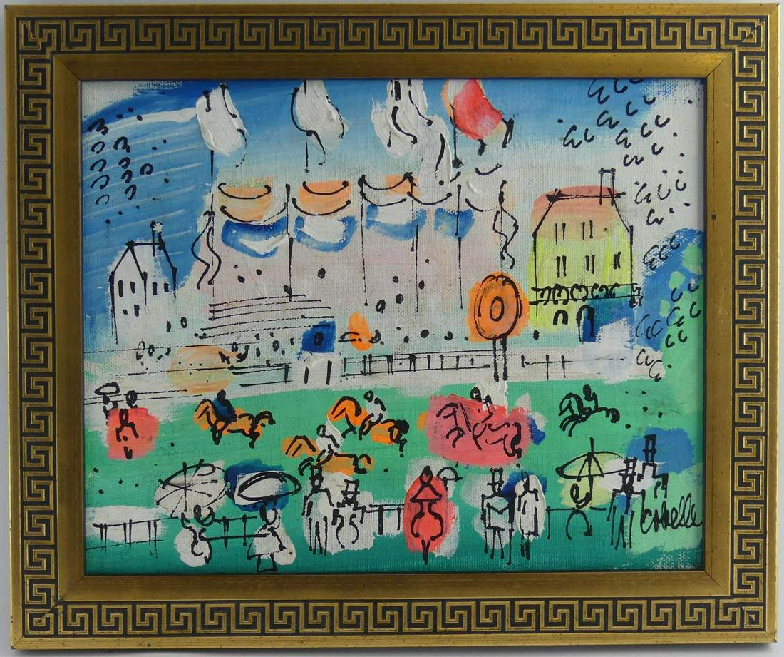 CHARLES COBELLE OIL PAINTING ON CANVAS: Charles Cobelle (French/American, 1902-1998) oil painting on canvas depicting a horse race scene. Signed lower right. Measures 9 5/8" x 7 5/8" + 1 1/8" frame.