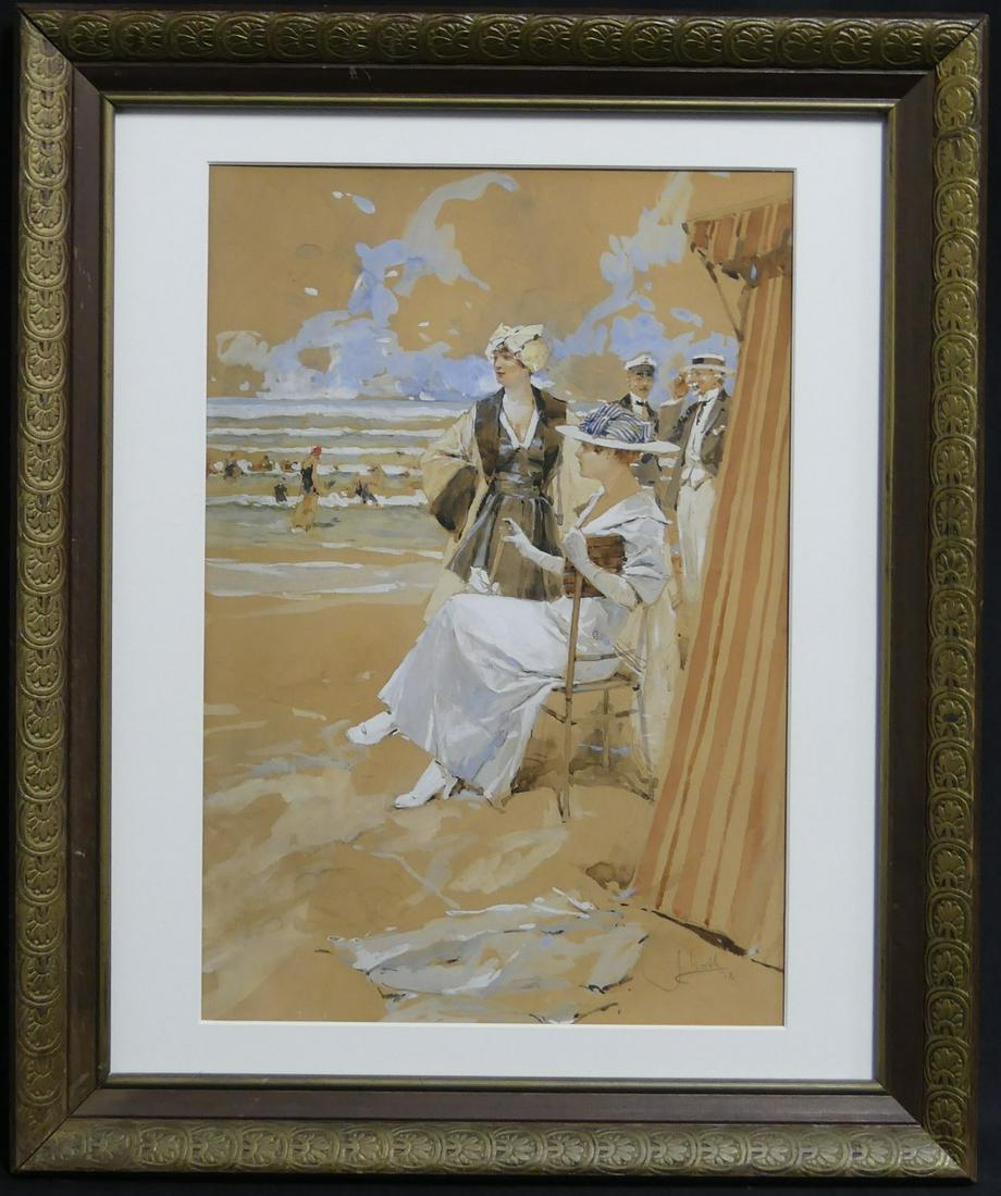 JAN GOTH 'BEACH SCENE' WATERCOLOR & GOUACHE: Jan Goth (Czech, 1889-1959) watercolor and gouache on paper depicting a beach scene. Signed lower right and dated 1918. Measures 17 1/4" x 11 3/4" + 3 1/2" mat & frame.