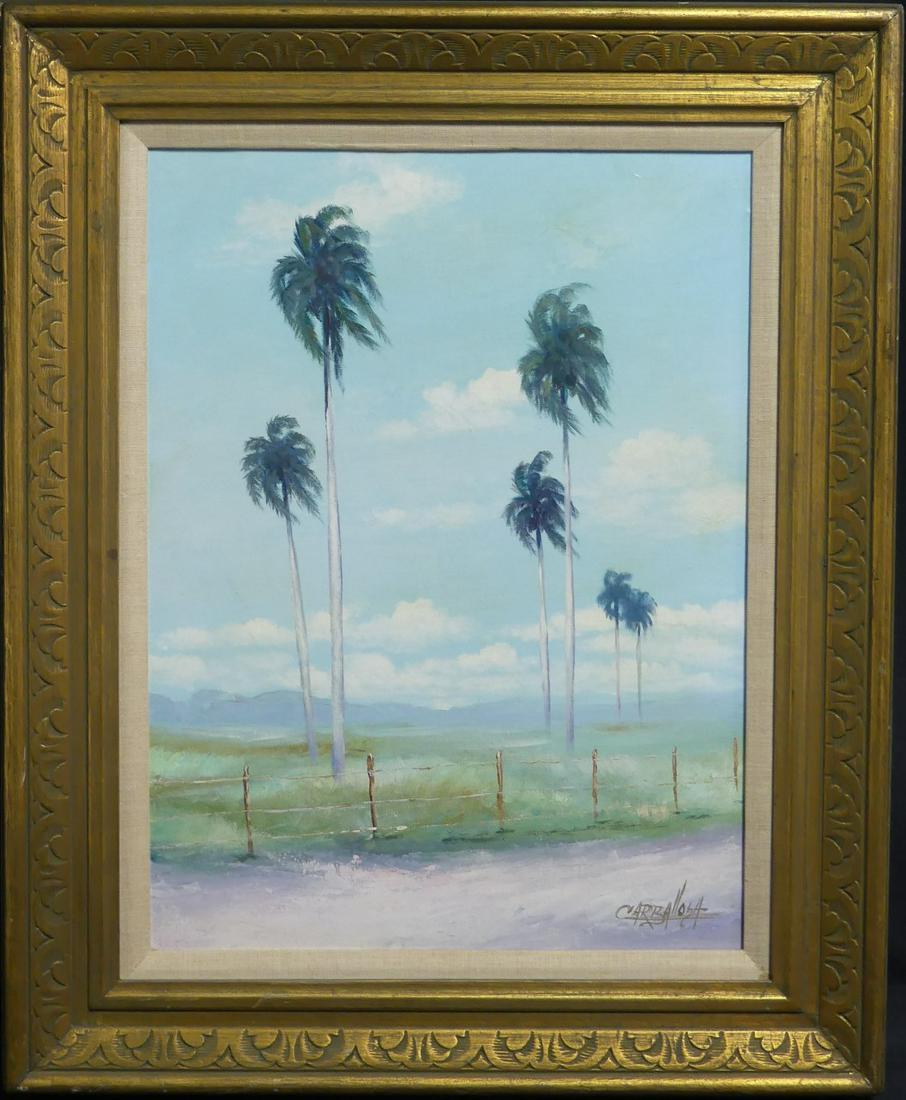 JULIO CARBALLOSA CUBAN OIL PAINTING ON CANVAS: Julio Carballosa (Cuban, 1919-2012) oil painting on canvas depicting a landscape with palm trees. Signed lower right. Measures 23 1/2" x 17 1/2" + 4 1/4" frame.