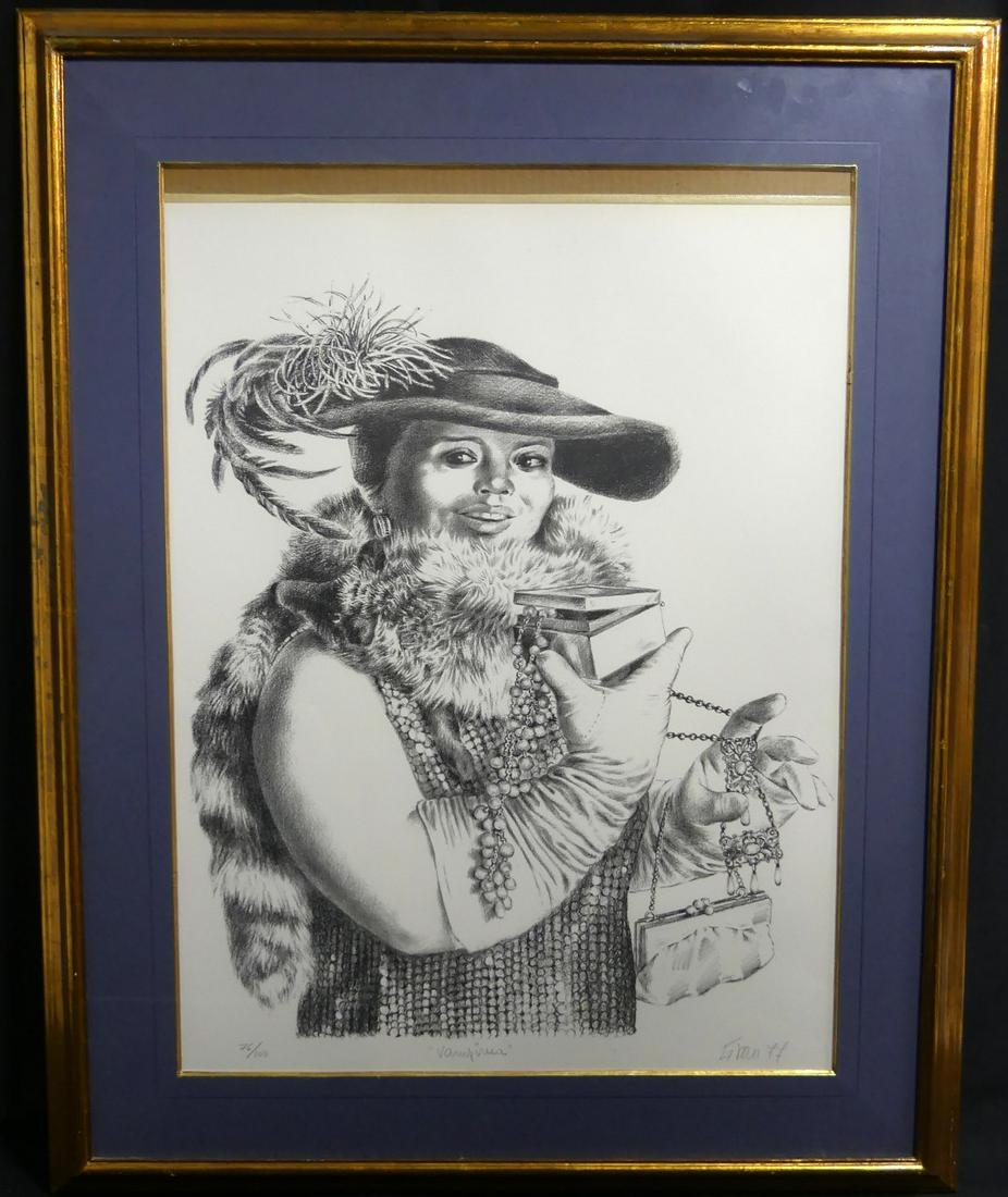 ENRIQUE GRAU 'VAMPIRESA' LITHOGRAPH: Enrique Grau (Colombian, 1920-2004) lithograph titled 'Vampiresa'. Pencil signed lower right, titled lower center and numbered 76/100 lower left. Measures 29 1/2" x 21 1/2" + 4 1/2" mat & frame.