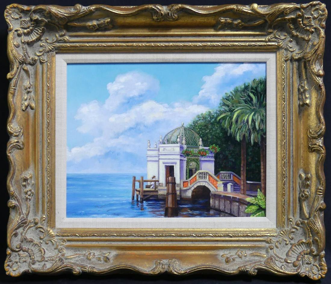 CONNIE GEISLER 'VISCAYA' OIL PAINTING ON CANVAS: Connie Wheeler Geisler (American, 20th-21st C) oil painting on canvas. Titled "Viscaya'. Signed lower left. Measures 13 1/4" x 10 1/4" + 3 1/2" frame.