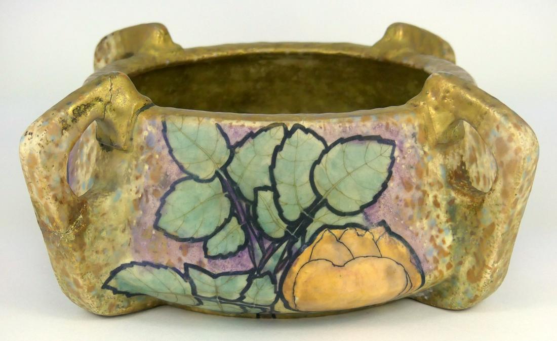 AMPHORA AUSTRIAN HANDLED POTTERY BOWL / VASE: Amphora Austria four handled pottery bowl with hand painted floral decoration in the manner of William Morris. Holds crown mark and marked Austria Amphora to underside. Measures 11 3/4" width. Repair