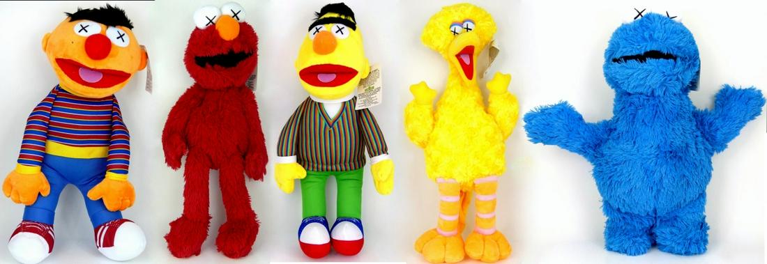 5pc KAWS X 'SESAME STREET' PLUSH TOYS: KAWS aka Brian Donnelly (American, b. 1974) set of five Sesame Street plush toys. Includes Elmo, Big Bird, Cookie Monster, Bert and Ernie. Each with original tag. Each measures approx 18" length.