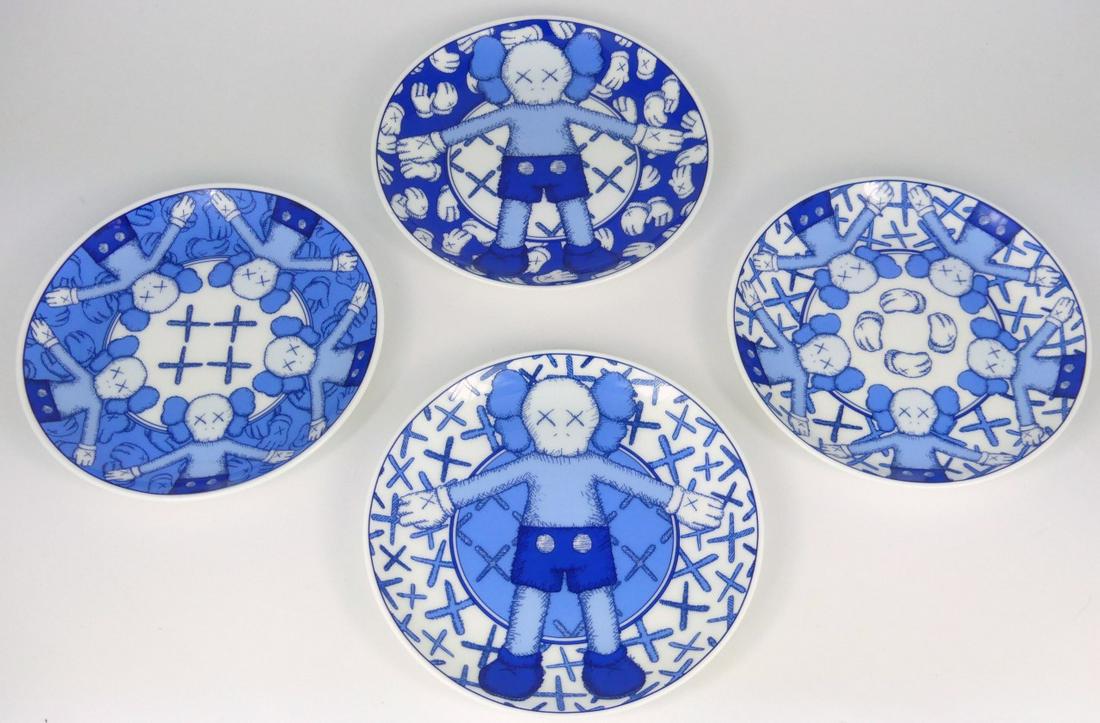 4pc KAWS HOLIDAY 'TAIPEI' CERAMIC PLATES w BOX: Set of 4 KAWS aka Brian Donnelly (American, b. 1974) ceramic holiday plates from the Taipei series. Each marked to underside and measures 6" diameter. Includes original box.