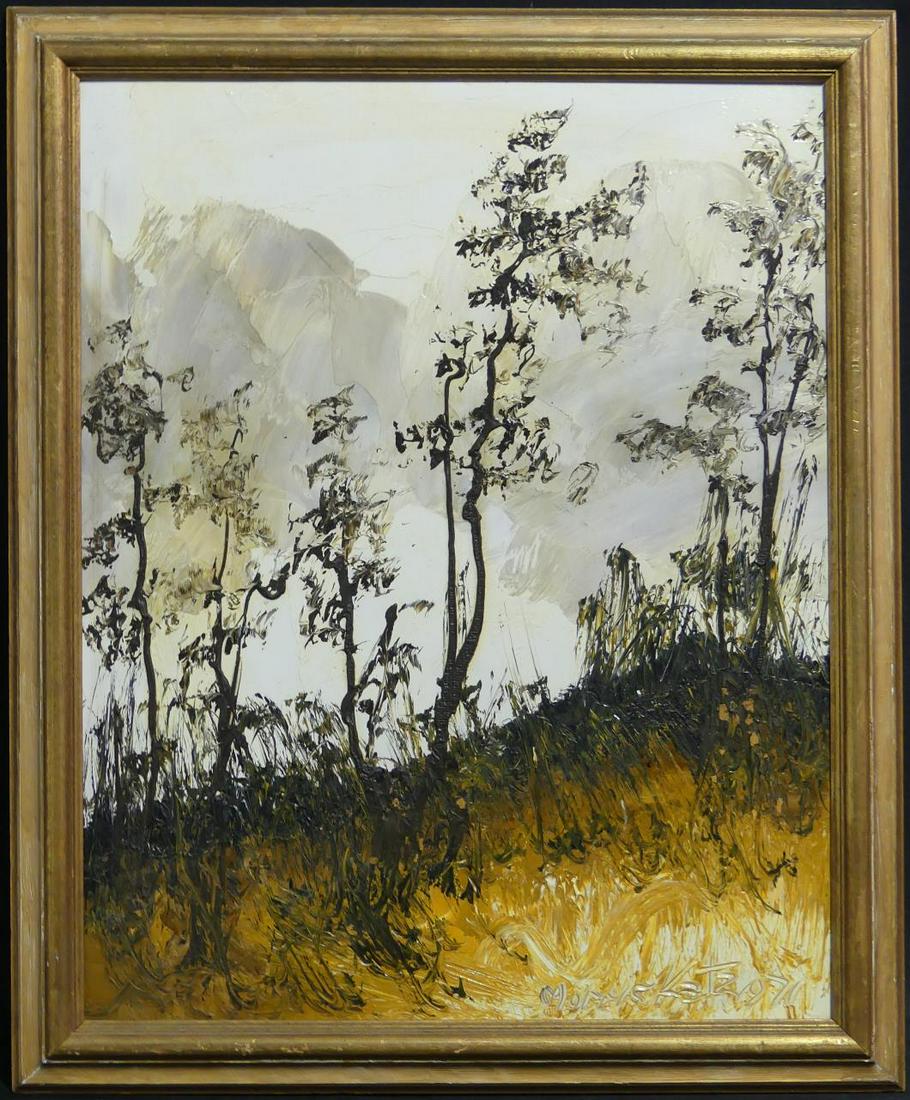 MORRIS KATZ LANDSCAPE OIL PAINTING ON MASONITE: Morris Katz oil painting on board depicting a landsape scene with mountains. Signed lower right and dated 1971. Measures 19" x 15" + 1 1/2" frame.