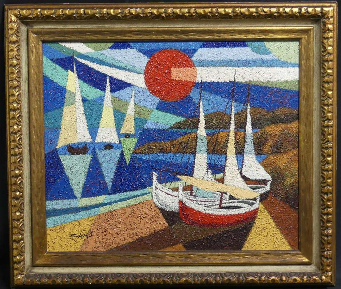 MODERNIST IMPASTO HARBOR SCENE OIL PAINTING SIGNED: Modernist impasto oil painting on canvas depicting Cubist style harbor scene with sailboats. Signed Camu lower left. Measures 23 1/2" x 19 1/2" + 3 1/2" frame.