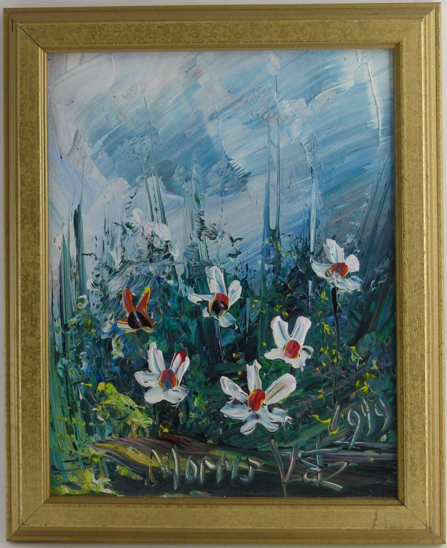 MORRIS KATZ 'FLORAL LANDSCAPE' OIL ON MASONITE: Morris Katz oil painting on board depicting a landscape scene with flowers. Signed lower right and dated 1999. Measures 9 1/2" x 7 1/2" + 1" frame.