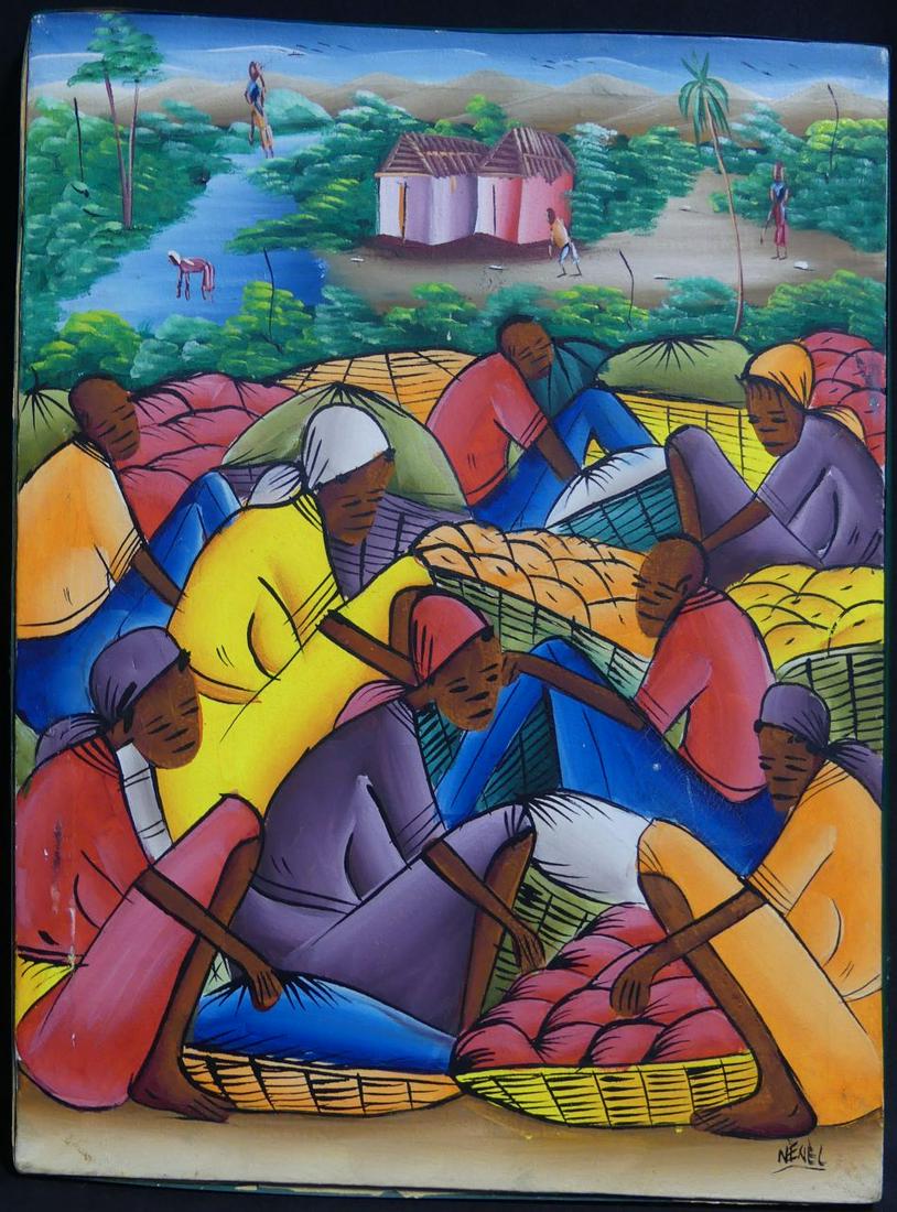 NENEL HAITIAN ACRYLIC PAINTING ON CANVAS: Haitian (20th Century) acrylic painting on canvas depicting a market scene with village scene above. Signed Nenel lower right. Measures 16' x 12".