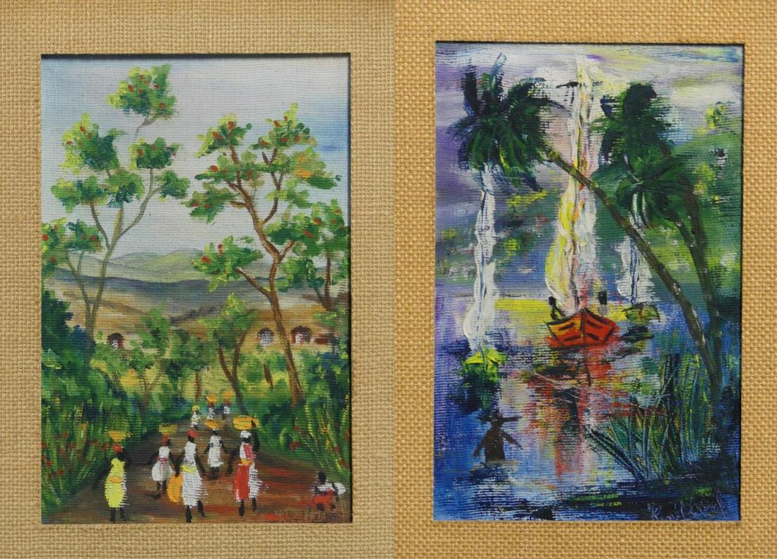 2pc RENE JEROME HAITIAN OIL PAINTINGS ON CANVAS: Rene Jerome (Haitian, 1942-1991) two oil paintings on canvas. One depicts a coastal scene with boats. Other depicts a group of villagers traveling to market. Each signed lower right and measures 11 1/