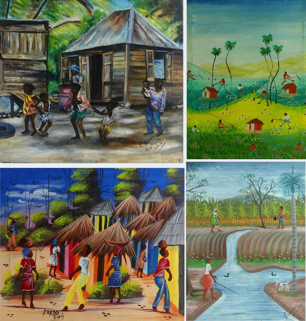4pc HAITIAN OIL PAINTINGS ON CANVAS SIGNED: Four Haitian oil paintings on canvas. Each depicts figures in various village scenes. Each signed to lower corner. Largest measures 11 3/4" x 10 1/2".