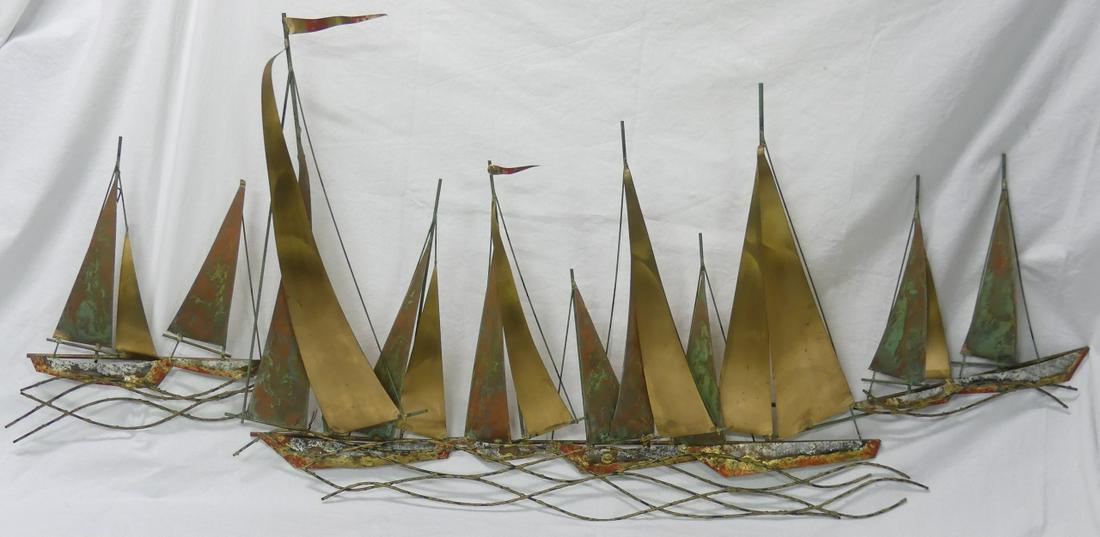 CURTIS JERE 'SAILBOATS' METAL WALL SCULPTURE: Curtis Jere mid-century metal wall sculpture depicting a regatta scene. Signed and dated 1971 lower right. Measures 62" width x 36" height.