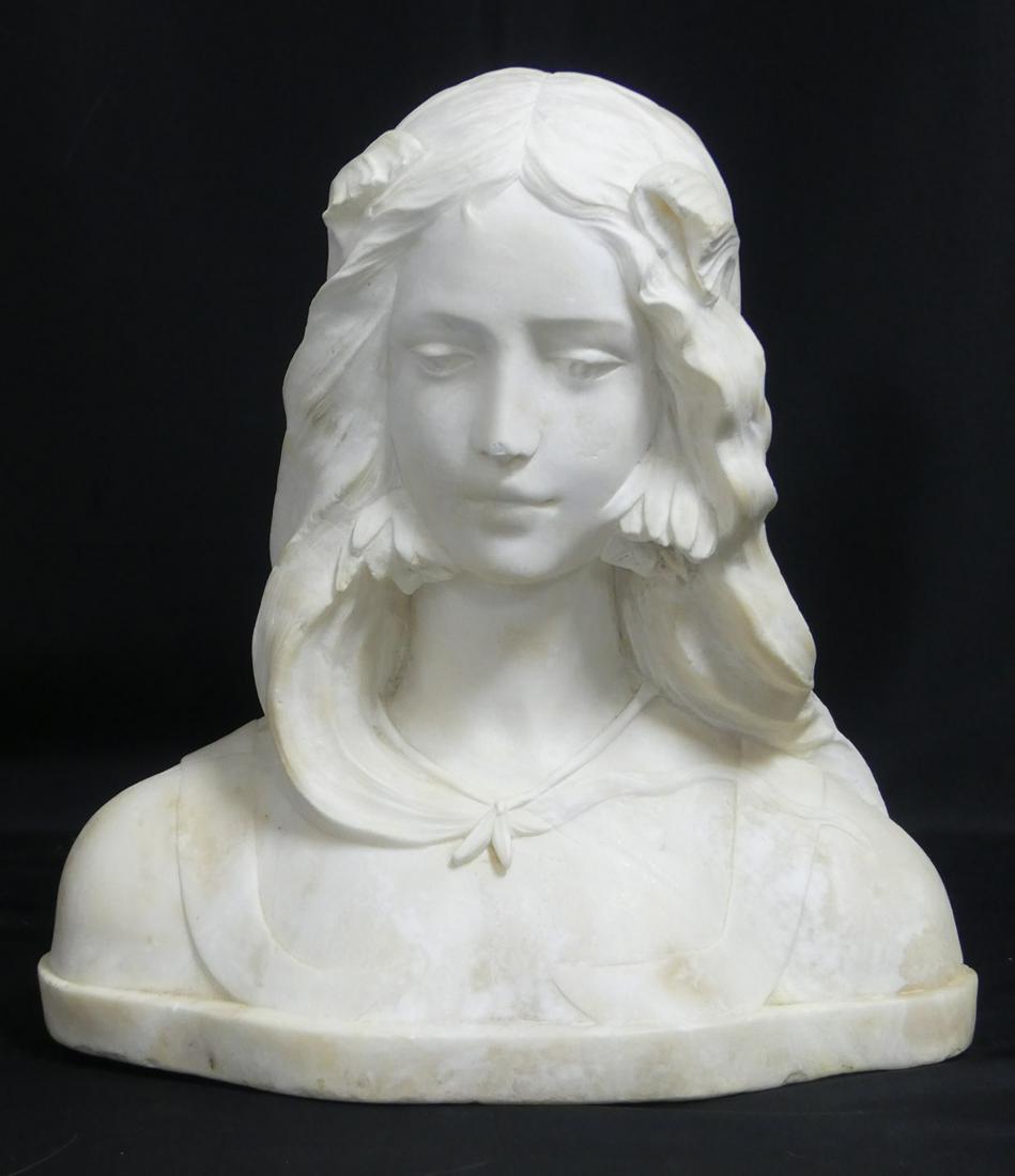 ITALIAN CARVED ALABASTER BUST OF YOUNG BEAUTY: Italian carved alabaster bust of a young beauty. Measures 14" height x 13 3/4" width.