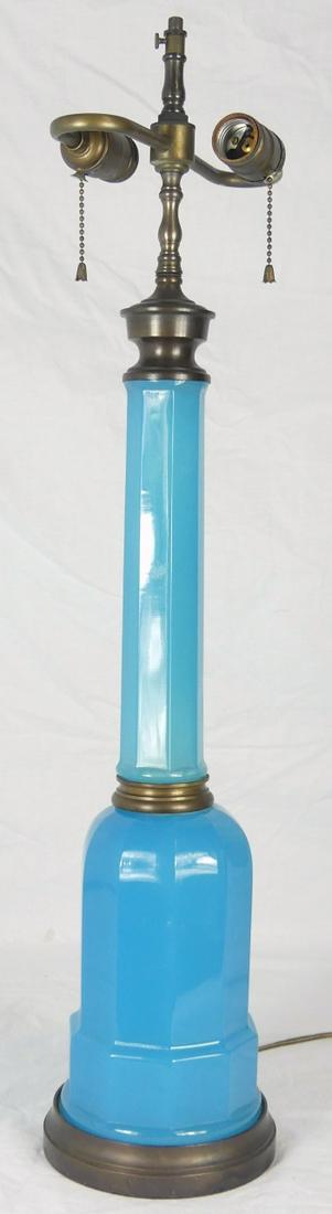 FRENCH BLUE OPALINE GLASS TALL BLUE LAMP: French blue opaline glass lamp. Measures 29" height.