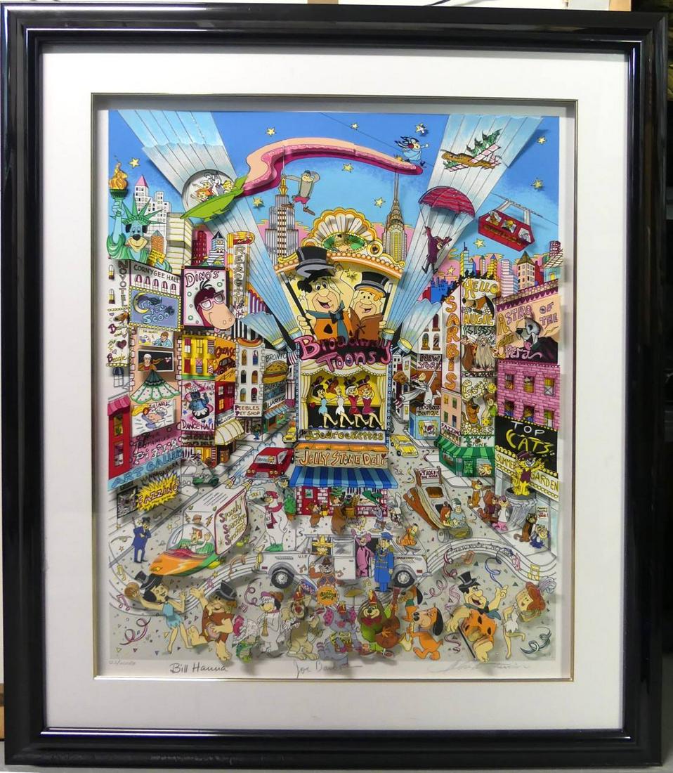 CHARLES FAZZINO 'THE FLINTSTONES' 3D SERIGRAPH: Charles Fazzino (American, b. 1955) 3-D pop art serigraph depicting The Flintstones. Titled 'Broadway Toons'. Deluxe Edition with crystals. Pencil signed by the artist lower right. Also pencil signed 